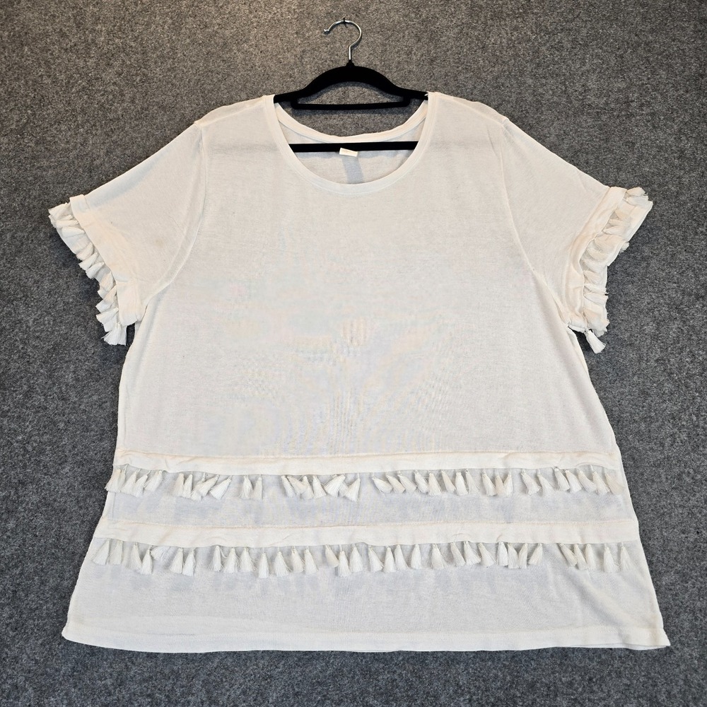 H&M T Shirt Womens XL White Cotton Tassel Detail Casual Crew Neck Short Sleeve